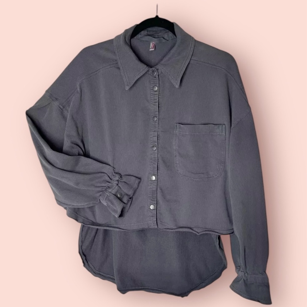 FREE PEOPLE MOVEMENT Gray Ribbed Corduroy Oversized XS Hi-Lo Shirt